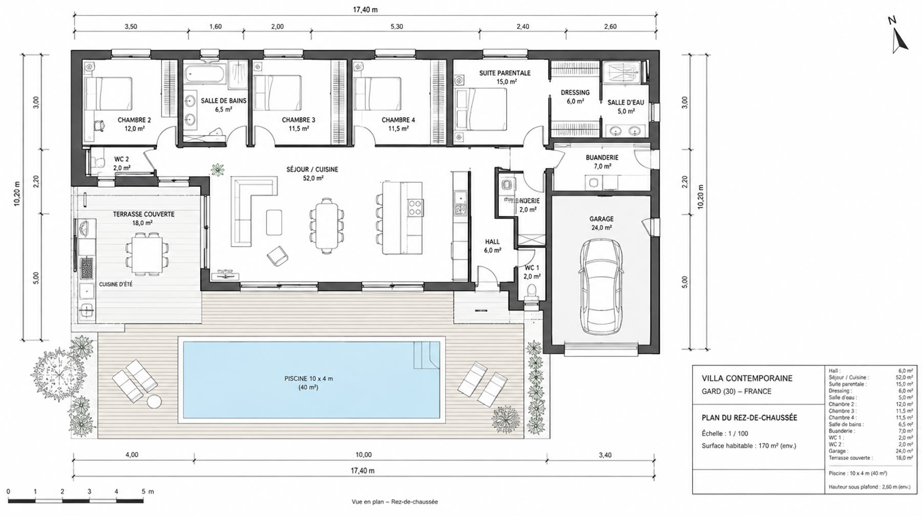 Plan du rez-de-chaussée d'une villa contemporaine dessiné par un architecte DE, échelle 1/100